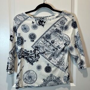 Talbots Petites Nautical Map Compass Print 3/4 Sleeve Crew Neck Top Size M